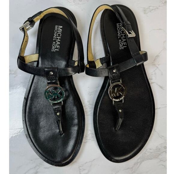 Michael Kors Sondra Thong Sandals Black Leather‎ Sandal Silver Accent Size 7 - Picture 2 of 6